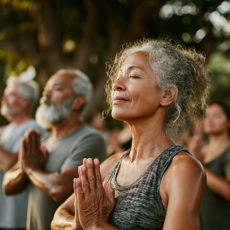 Adultos mayores practicando yoga